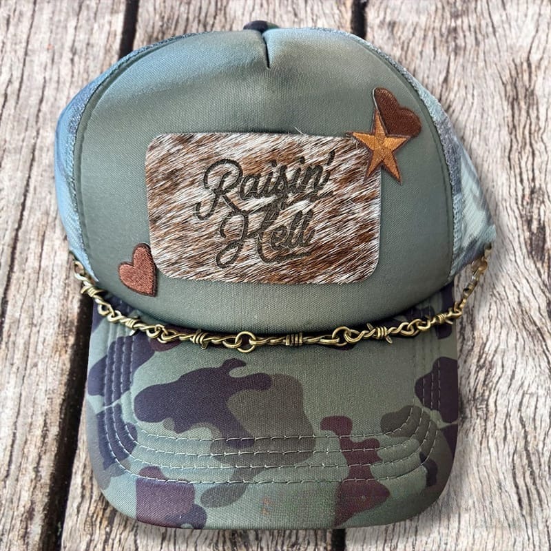 On A Whim Hats Raising Hell Handmade Trucker Hat w/ Cowhide Patch
