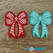 On A Whim Hats Red and Aqua Checkered Bows Iron-On Patch