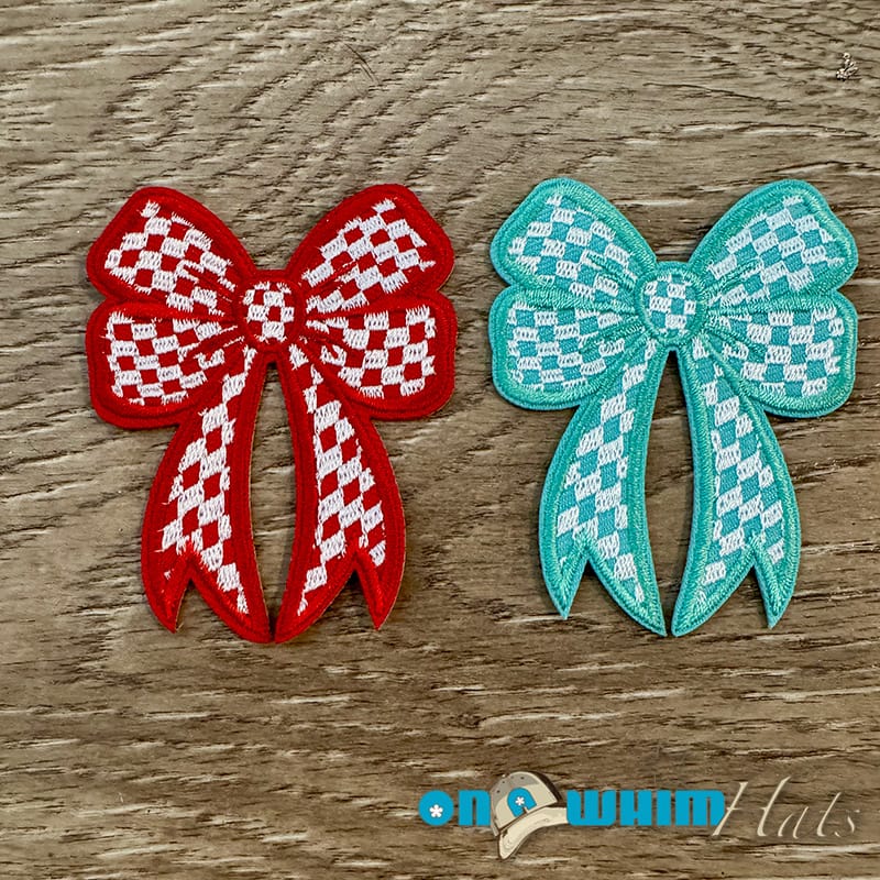 On A Whim Hats Red and Aqua Checkered Bows Iron-On Patch