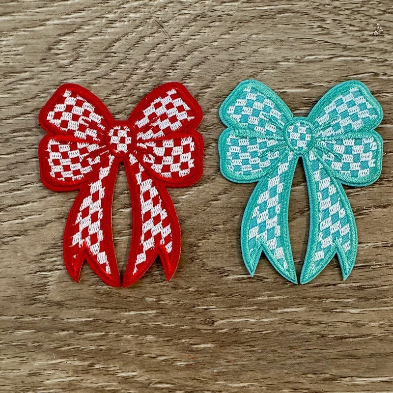 On A Whim Hats Red and Aqua Checkered Bows Iron-On Patch