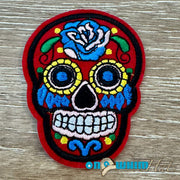 On A Whim Hats Red and Blue Candy Skull Iron-On Patch