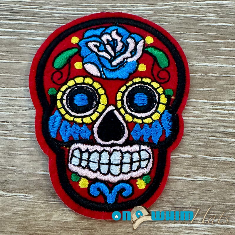 On A Whim Hats Red and Blue Candy Skull Iron-On Patch