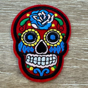On A Whim Hats Red and Blue Candy Skull Iron-On Patch