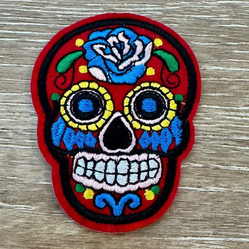 On A Whim Hats Red and Blue Candy Skull Iron-On Patch