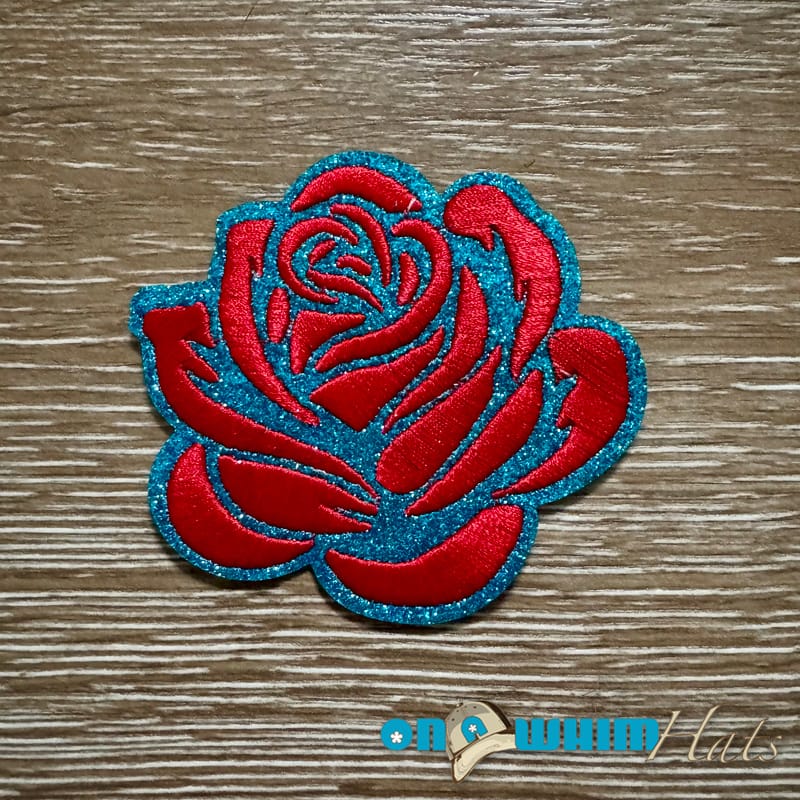 On A Whim Hats Red and Turquoise Rose Glitter Embroidered Patch