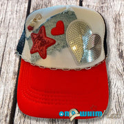 On A Whim Hats Red Hot Handmade Trucker Hat with Recycled Denim