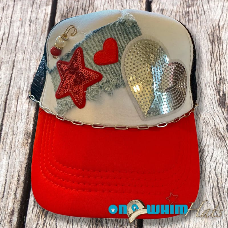 On A Whim Hats Red Hot Handmade Trucker Hat with Recycled Denim