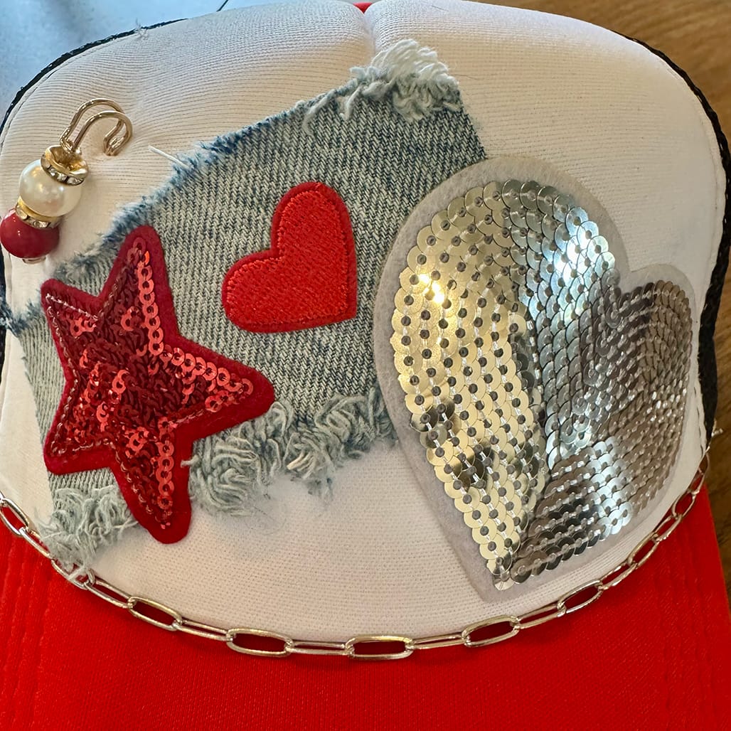 On A Whim Hats Red Hot Handmade Trucker Hat with Recycled Denim