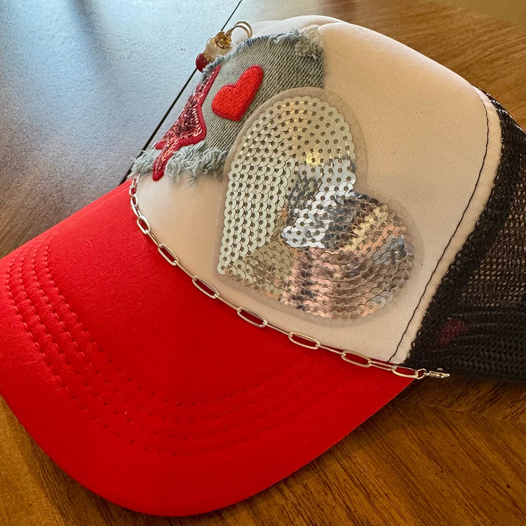 On A Whim Hats Red Hot Handmade Trucker Hat with Recycled Denim