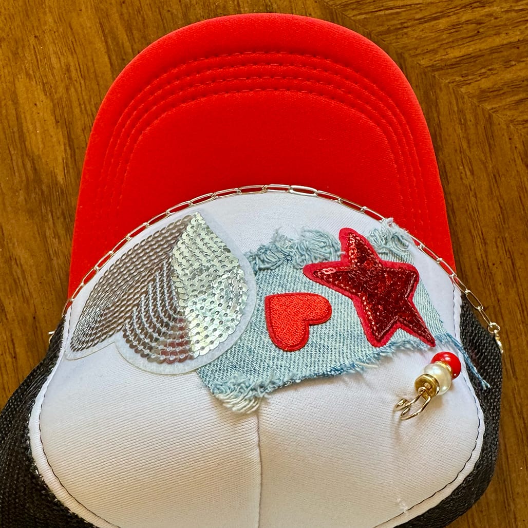 On A Whim Hats Red Hot Handmade Trucker Hat with Recycled Denim