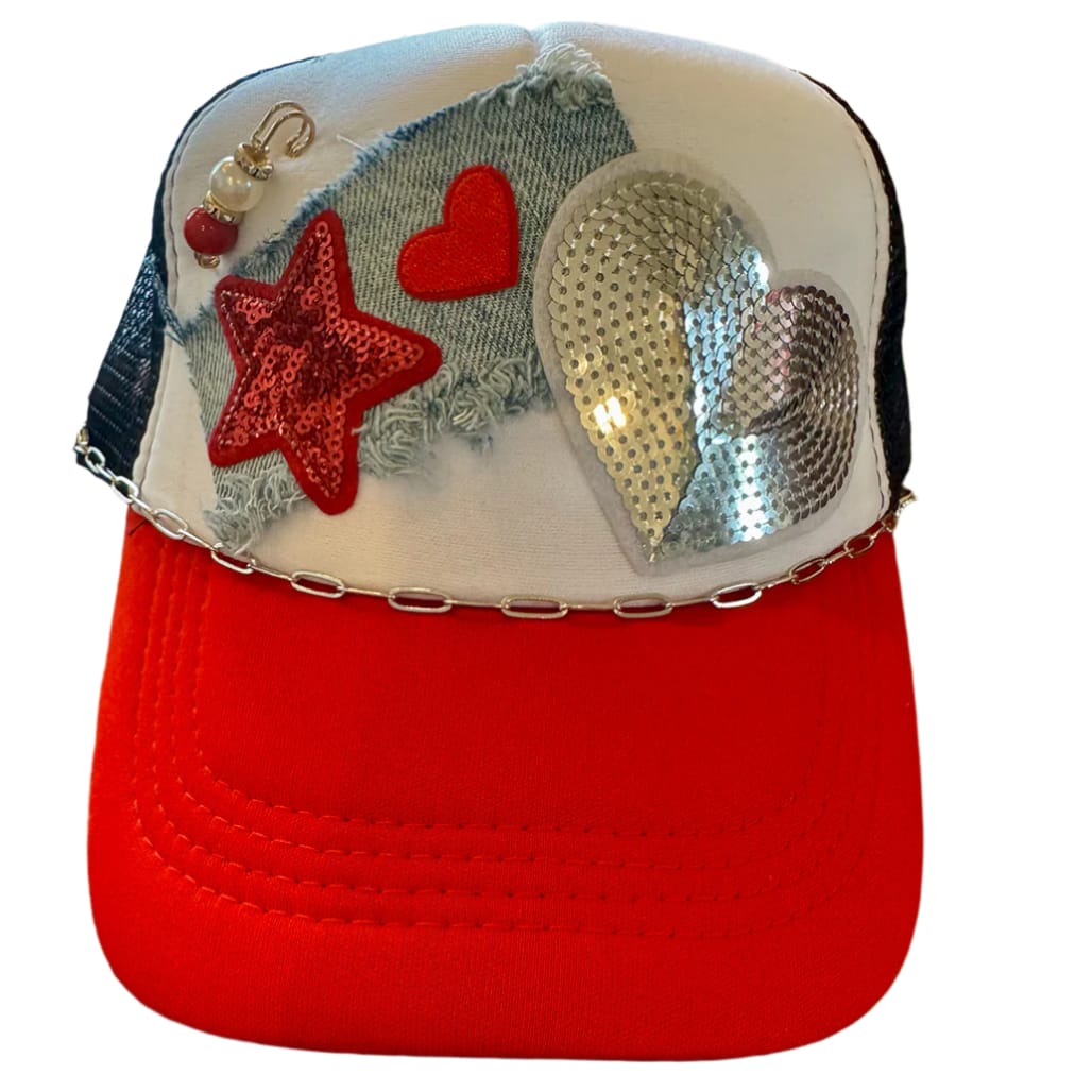 On A Whim Hats Red Hot Handmade Trucker Hat with Recycled Denim