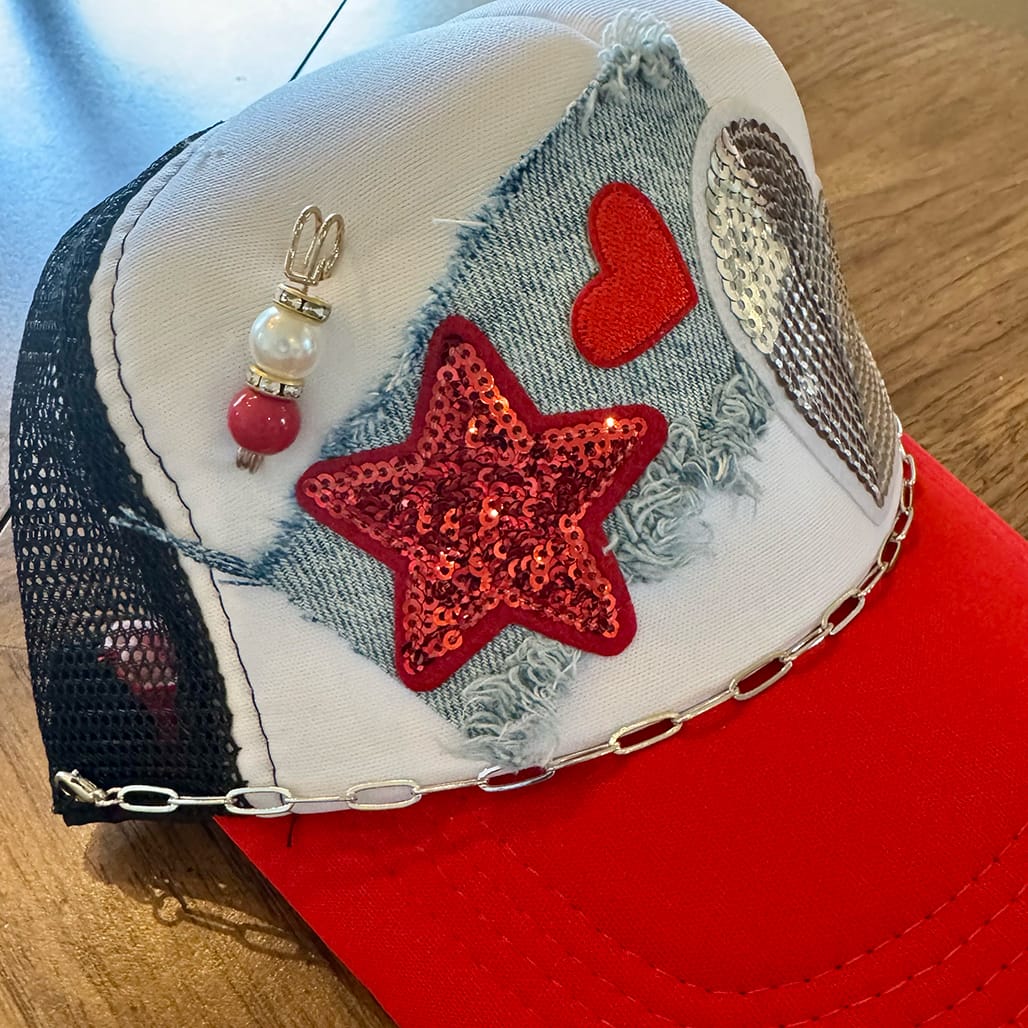 On A Whim Hats Red Hot Handmade Trucker Hat with Recycled Denim