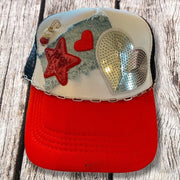 On A Whim Hats Red Hot Handmade Trucker Hat with Recycled Denim