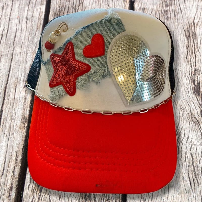 On A Whim Hats Red Hot Handmade Trucker Hat with Recycled Denim