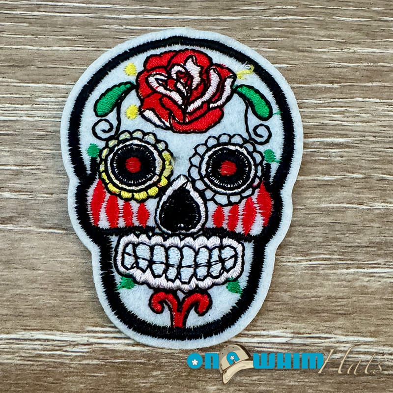 On A Whim Hats Red Rose Skull Iron-On Patch