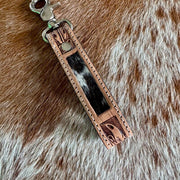 Rodeo Baby hand-tooled leather and cowhide key fob with keyring by On A Whim Hats