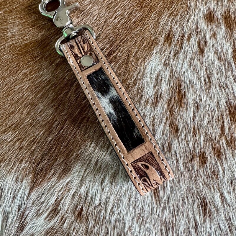 Rodeo Baby hand-tooled leather and cowhide key fob with keyring by On A Whim Hats