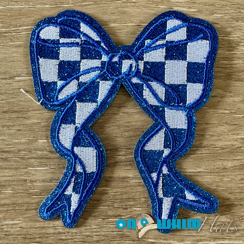On A Whim Hats Royal Blue Checkered Bow Iron-On Patch