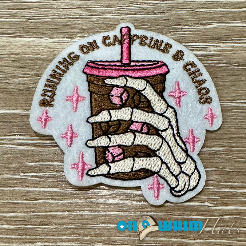 On A Whim Hats Running on Caffeine Embroidered Iron-On Patch