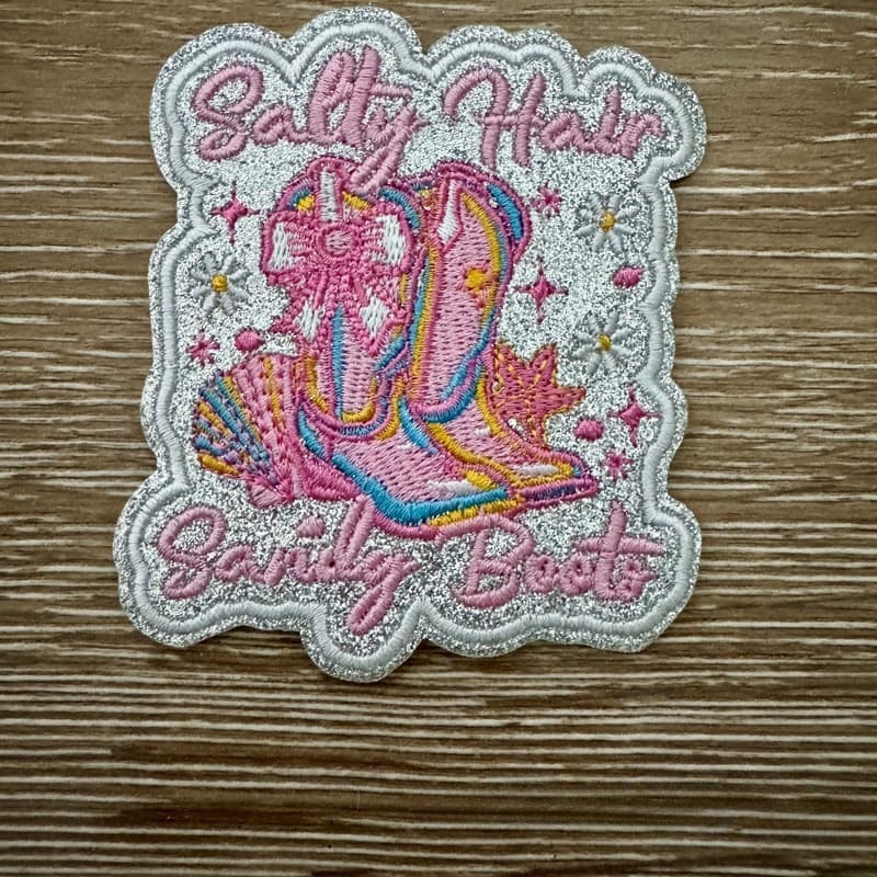On A Whim Hats Salty Hair and Sandy Boots Iron-On Patch