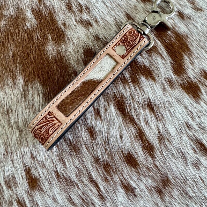 Sassy hand-tooled leather and cowhide key fob with keyring by On A Whim Hats