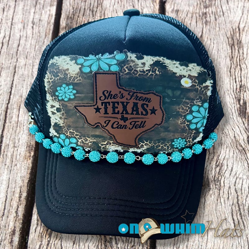 On A Whim Hats She's from Texas I Can Tell Handmade Trucker Hat with Leather Patch