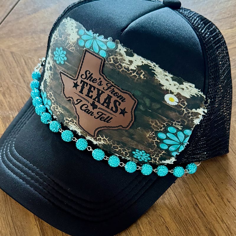 On A Whim Hats She's from Texas I Can Tell Handmade Trucker Hat with Leather Patch