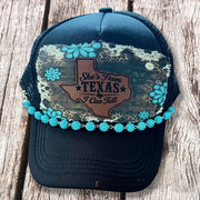 On A Whim Hats She's from Texas I Can Tell Handmade Trucker Hat with Leather Patch