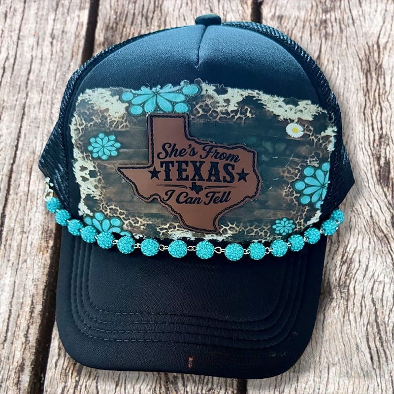On A Whim Hats She's from Texas I Can Tell Handmade Trucker Hat with Leather Patch