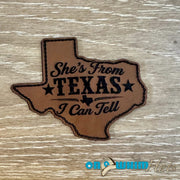 On A Whim Hats She's From Texas I Can Tell Leather Iron-On Patch