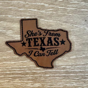 On A Whim Hats She's From Texas I Can Tell Leather Iron-On Patch