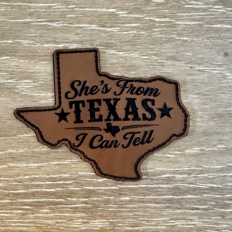 On A Whim Hats She's From Texas I Can Tell Leather Iron-On Patch