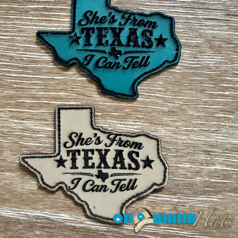 On A Whim Hats She's From Texas Leather Iron-On Patch