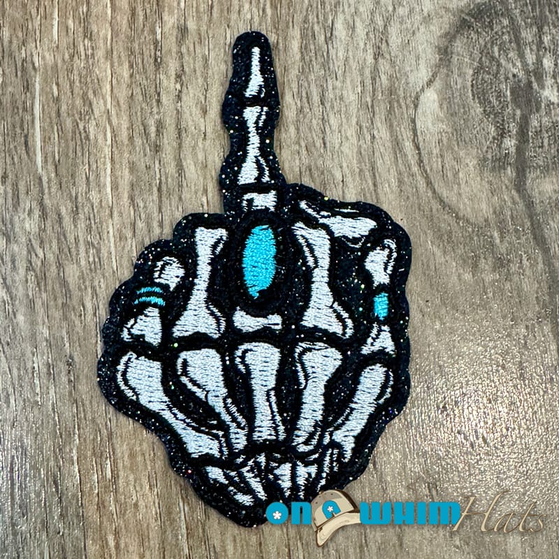 On A Whim Hats Skull Finger Turquoise Embroidered Iron-On Patch