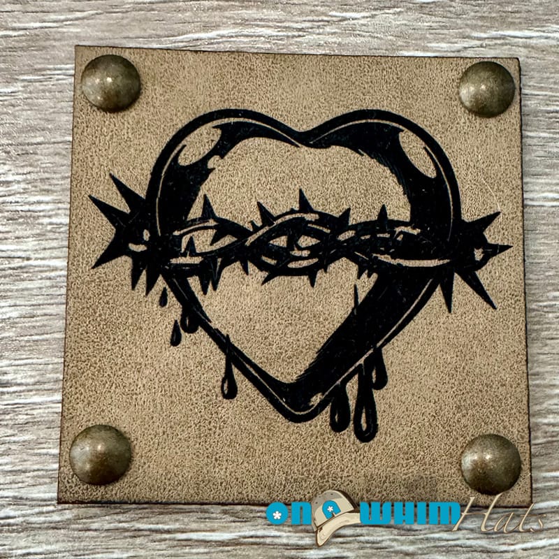 On A Whim Hats Spiked Heart Leather Iron-On Patch with Studs - Tan