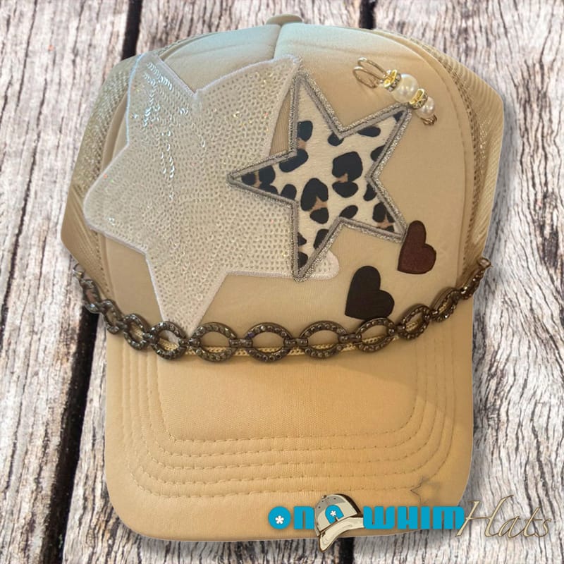 On A Whim Hats Star Quality Handmade Trucker Hat with Rhinestone Hat Chain