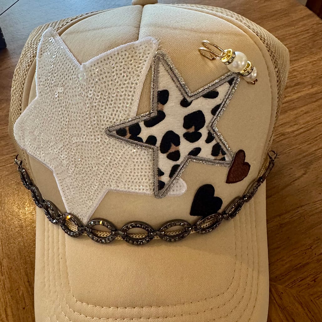 On A Whim Hats Star Quality Handmade Trucker Hat with Rhinestone Hat Chain