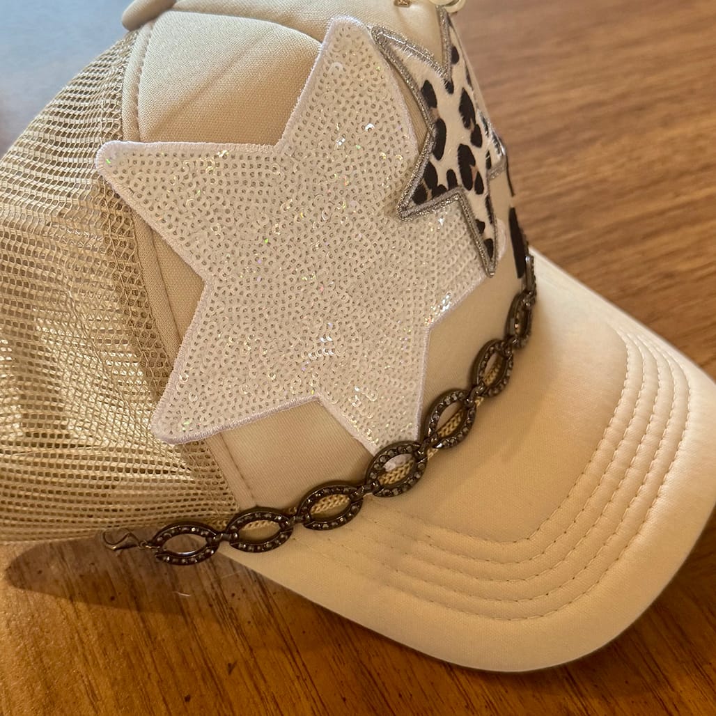 On A Whim Hats Star Quality Handmade Trucker Hat with Rhinestone Hat Chain