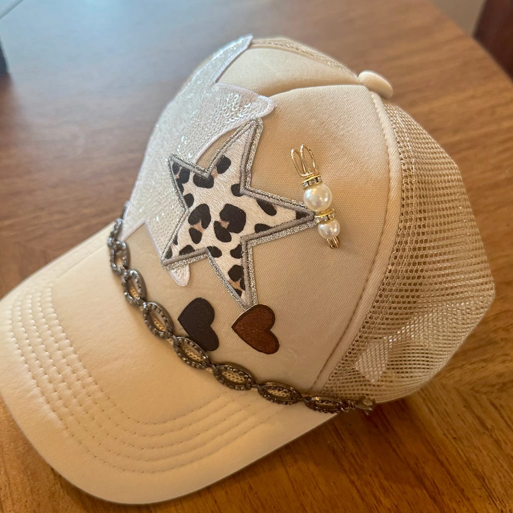 On A Whim Hats Star Quality Handmade Trucker Hat with Rhinestone Hat Chain
