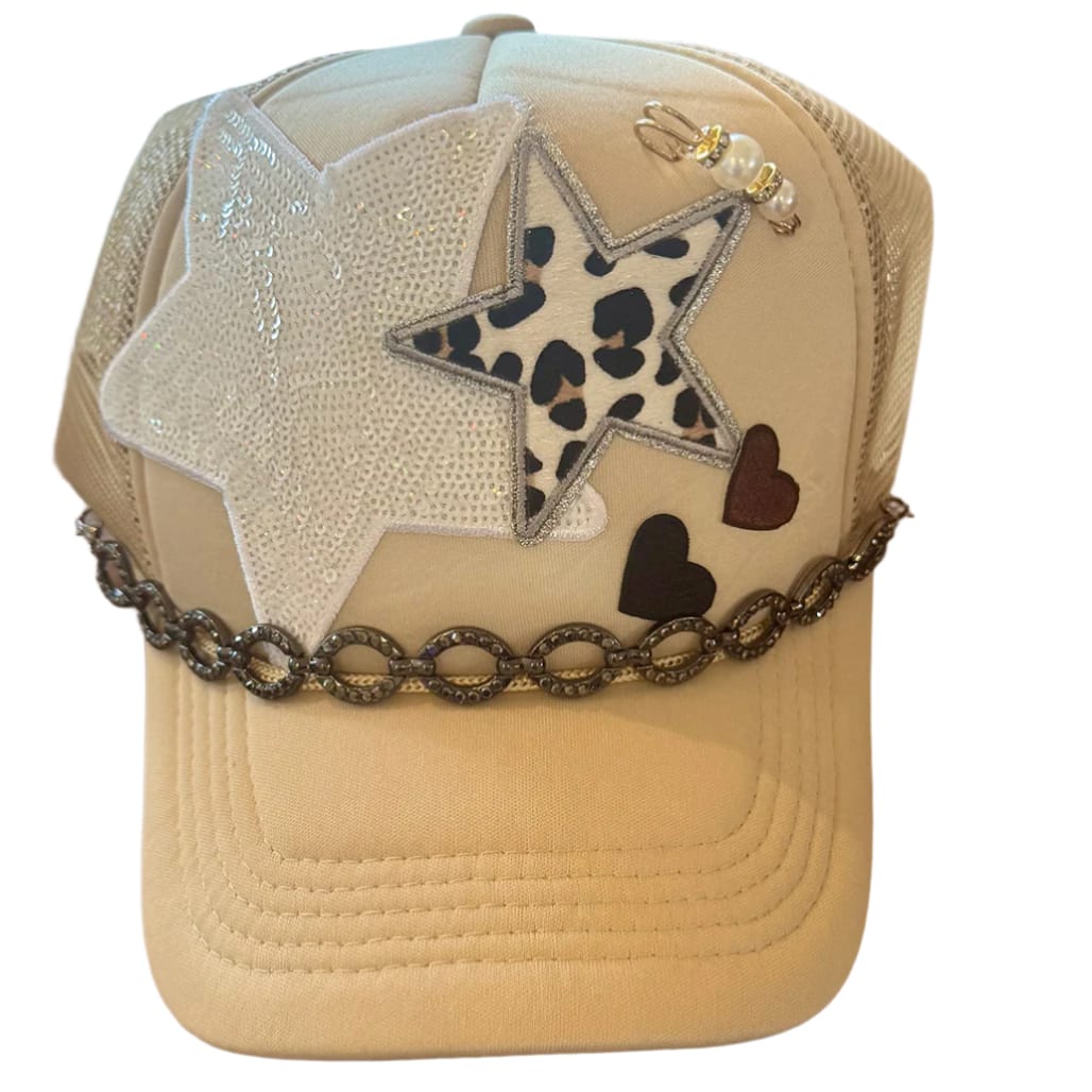 On A Whim Hats Star Quality Handmade Trucker Hat with Rhinestone Hat Chain