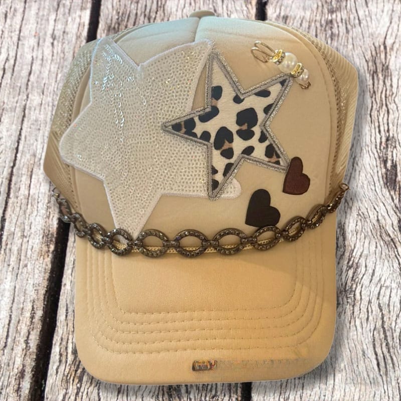 On A Whim Hats Star Quality Handmade Trucker Hat with Rhinestone Hat Chain