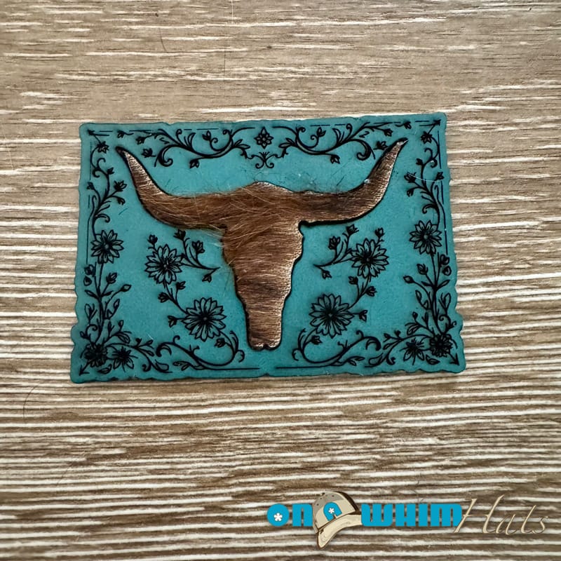 On A Whim Hats Teal Bull-Headed Genuine Cowhide and Leather Iron-On Patch