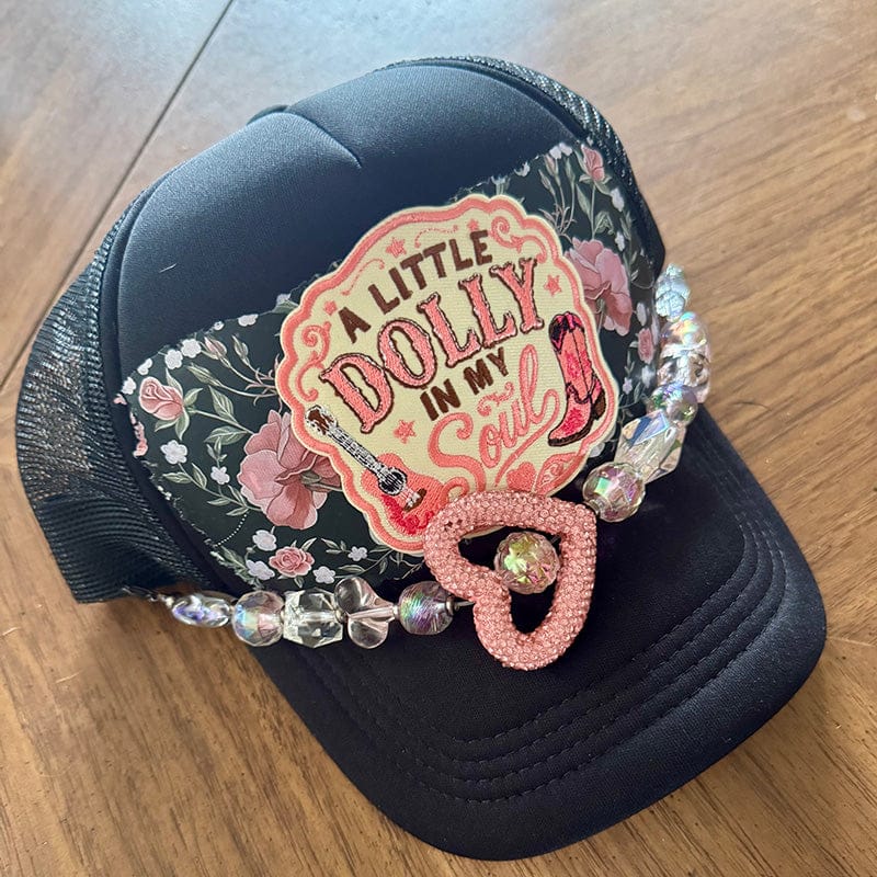 On A Whim Hats A Little Dolly In My Soul Trucker Hat - Black with Rose Floral & Crystal Heart Chain