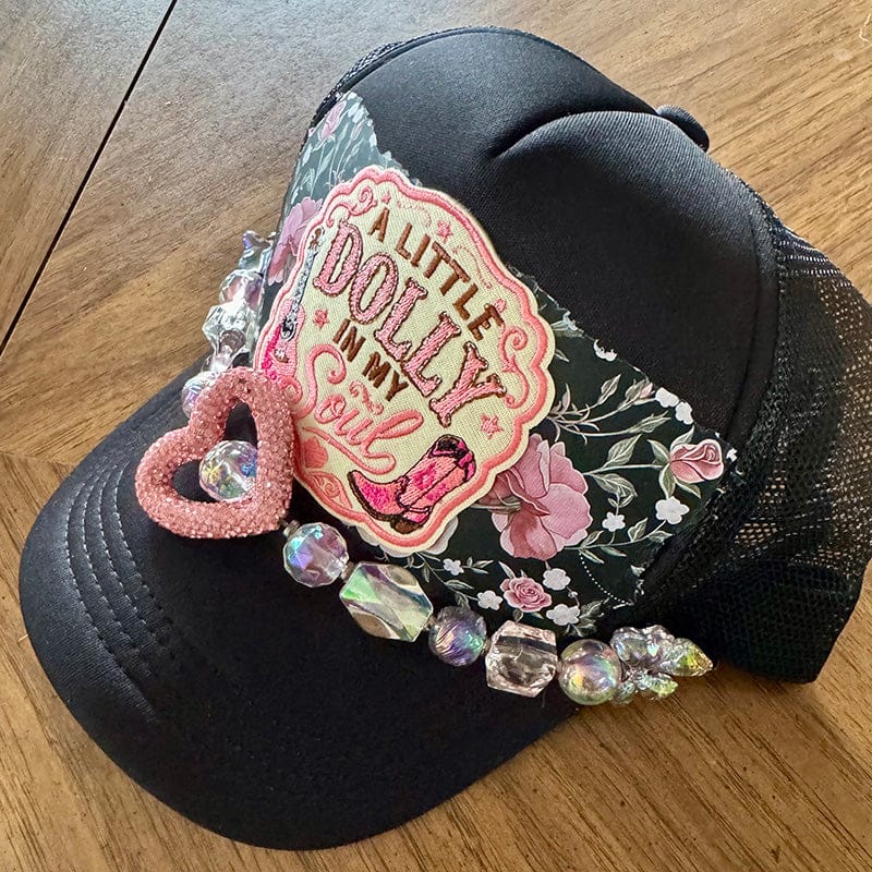 On A Whim Hats A Little Dolly In My Soul Trucker Hat - Black with Rose Floral & Crystal Heart Chain