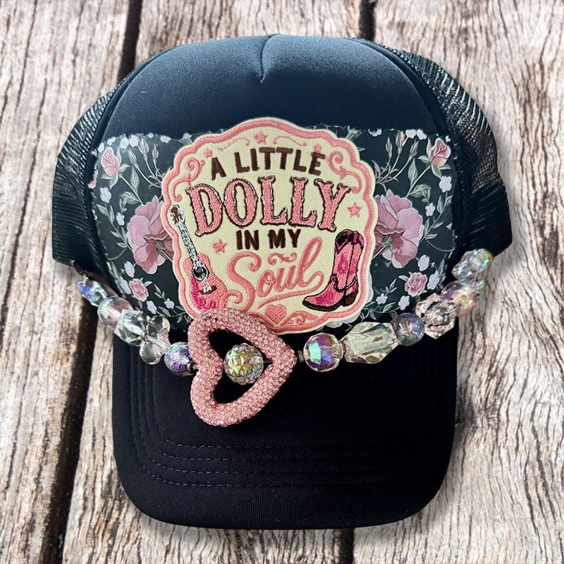 On A Whim Hats A Little Dolly In My Soul Trucker Hat - Black with Rose Floral & Crystal Heart Chain