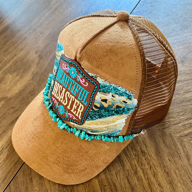 On A Whim Hats Beautiful Disaster Trucker Hat - Camel Suede with Teal Glitter Leopard & Turquoise Chain