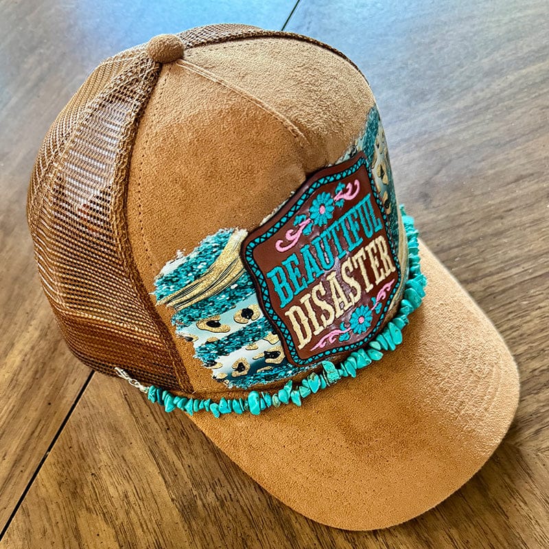 On A Whim Hats Beautiful Disaster Trucker Hat - Camel Suede with Teal Glitter Leopard & Turquoise Chain