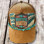 On A Whim Hats Beautiful Disaster Trucker Hat - Camel Suede with Teal Glitter Leopard & Turquoise Chain