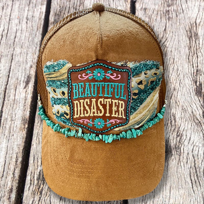 On A Whim Hats Beautiful Disaster Trucker Hat - Camel Suede with Teal Glitter Leopard & Turquoise Chain