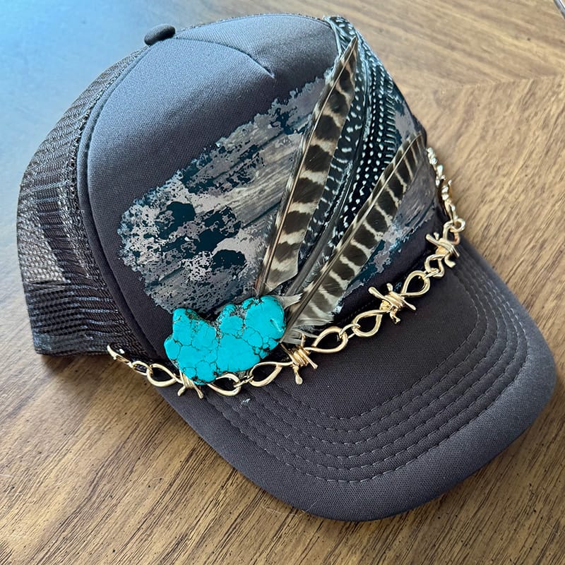 On A Whim Hats Black Feather Fan Handmade Trucker Hat